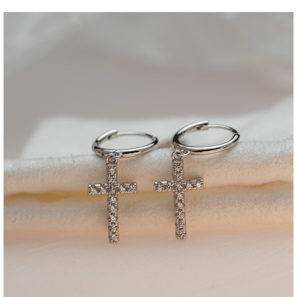 925 Sterling Silver Cross Hoop Earrings - Picture 1 of 4